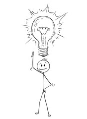 Cartoon stick man drawing conceptual illustration of businessman with idea and light bulb above his head. Business concept of creativity and problem solution.