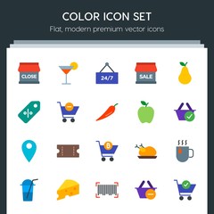 Modern Simple Set of food, drinks, shopping Vector flat Icons. Contains such Icons as  retail,  glass, cheese,  hot,  business,  customer and more on dark background. Fully Editable. Pixel Perfect