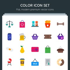 Modern Simple Set of food, drinks, shopping Vector flat Icons. Contains such Icons as barbecue,  retail,  business,  discount, pear,  cake and more on dark background. Fully Editable. Pixel Perfect