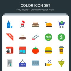 Modern Simple Set of food, drinks, shopping Vector flat Icons. Contains such Icons as barbecue,  fresh,  time,  celebration,  buy,  grill and more on dark background. Fully Editable. Pixel Perfect
