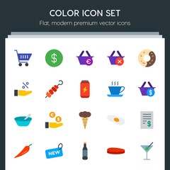 Modern Simple Set of food, drinks, shopping Vector flat Icons. Contains such Icons as  check,  exit,  water,  bottle,  container,  closeup and more on dark background. Fully Editable. Pixel Perfect