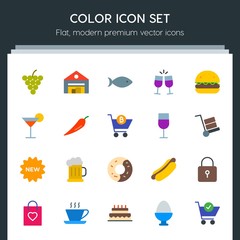 Modern Simple Set of food, drinks, shopping Vector flat Icons. Contains such Icons as  sweet,  hot,  fresh,  fruit,  water,  drink,  security and more on dark background. Fully Editable. Pixel Perfect