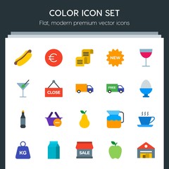 Modern Simple Set of food, drinks, shopping Vector flat Icons. Contains such Icons as hot, food,  house, milk,  leaf,  coffee,  drink,  heavy and more on dark background. Fully Editable. Pixel Perfect