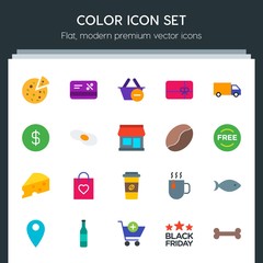 Modern Simple Set of food, drinks, shopping Vector flat Icons. Contains such Icons as  food,  love,  mug,  anatomy,  sign,  water,  card, bag and more on dark background. Fully Editable. Pixel Perfect