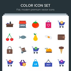 Modern Simple Set of food, drinks, shopping Vector flat Icons. Contains such Icons as  weight,  dinner,  cargo,  pound,  bitcoin, shop,  cash and more on dark background. Fully Editable. Pixel Perfect