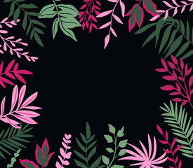 Tropical leaves. Vector frame in scandinavian style. Hand drawn background. Poster in pink,magenta and green colors with place for text.