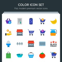 Modern Simple Set of food, drinks, shopping Vector flat Icons. Contains such Icons as  check,  meal,  sale,  fruit,  easter,  soda, sale and more on dark background. Fully Editable. Pixel Perfect