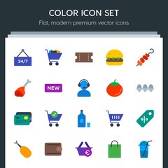 Modern Simple Set of food, drinks, shopping Vector flat Icons. Contains such Icons as cart,  coffee,  background,  cold, bitcoin, buy, label and more on dark background. Fully Editable. Pixel Perfect