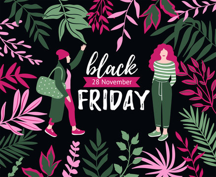 Black Friday inscription with tropical leaves and fashion young women. Vector design template. Black Friday sale banner.