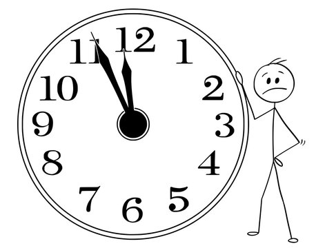 Cartoon stick man drawing conceptual illustration of sad and depressed businessman leaning on big wall clock displaying five minutes before twelve hours or midday or midday. Business or political