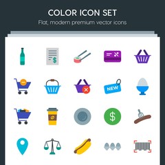 Modern Simple Set of food, drinks, shopping Vector flat Icons. Contains such Icons as  money,  seafood,  retro, plastic,  barcode, food,  egg and more on dark background. Fully Editable. Pixel Perfect