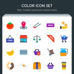 Modern Simple Set of food, drinks, shopping Vector flat Icons. Contains such Icons as  drink,  paper,  tomato,  pin,  travel,  two,  ripe and more on dark background. Fully Editable. Pixel Perfect