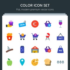 Modern Simple Set of food, drinks, shopping Vector flat Icons. Contains such Icons as  food,  box, sign, bread,  breakfast,  heavy, basket and more on dark background. Fully Editable. Pixel Perfect
