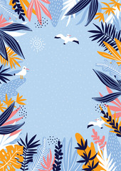 Fototapeta na wymiar Tropical leaves frame with marine seagulls. Hand drawn summer card. Vector illustration.