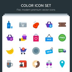 Modern Simple Set of food, drinks, shopping Vector flat Icons. Contains such Icons as  drink,  background,  bottle,  party,  mystery,  toast and more on dark background. Fully Editable. Pixel Perfect