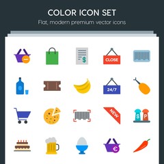 Modern Simple Set of food, drinks, shopping Vector flat Icons. Contains such Icons as  business,  egg, basket,  check,  retail,  beer,  spicy and more on dark background. Fully Editable. Pixel Perfect