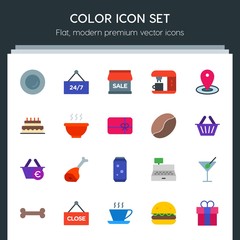 Modern Simple Set of food, drinks, shopping Vector flat Icons. Contains such Icons as  fresh,  counter, service,  burger,  espresso,  store and more on dark background. Fully Editable. Pixel Perfect