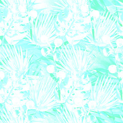 Fototapeta na wymiar Contrast Turquoise Blue Retro Exotic Floral Watercolour Seamless Pattern. VIP Luxury Female Fabric Background, Monstera, Fan Leaves. Floral Watercolor Seamless Pattern Tropical Wallpaper Cool Prints.