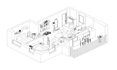 Line drawing apartment floor plan on a white background