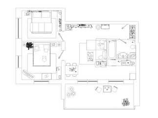 Line drawing apartment floor plan on a white background
