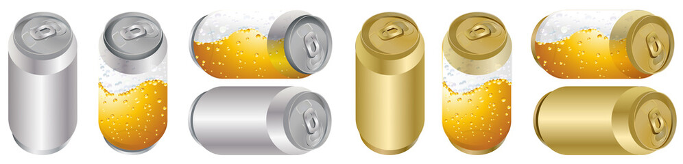 Beer can mock-up metal silver, golden, Transparent can of beer