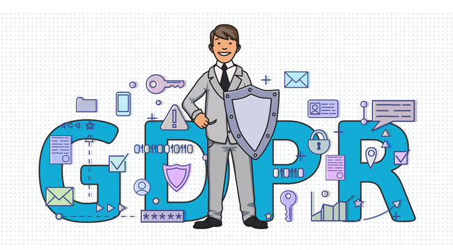 Smiling man with a shield among digital and internet symbols in front of GDPR letters. General Data Protection Regulation. GDPR, RGPD, DSGVO, DPO. Concept vector illustration. Flat style. Horizontal