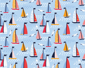 Seamless vector pattern with hand drawn sailing yachts and seagulls. Summer bright background for fabric design.