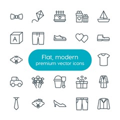 Modern Simple Set of clothes, valentine, kids and toys Vector outline Icons. Contains such Icons as  vacation,  shirt, wedding,  sweet, gift and more on white background. Fully Editable. Pixel Perfect