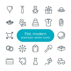 Modern Simple Set of clothes, valentine, kids and toys Vector outline Icons. Contains such Icons as flower,  child,  cute,  beauty,  white and more on white background. Fully Editable. Pixel Perfect