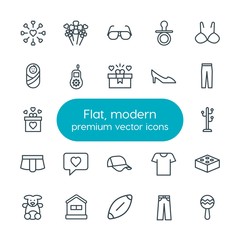 Modern Simple Set of clothes, valentine, kids and toys Vector outline Icons. Contains such Icons as  teddy,  nature,  bunch,  clothing, baby and more on white background. Fully Editable. Pixel Perfect