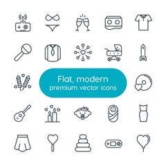 Modern Simple Set of clothes, valentine, kids and toys Vector outline Icons. Contains such Icons as  love,  happy, game, skirt, baby,  style and more on white background. Fully Editable. Pixel Perfect
