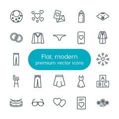 Modern Simple Set of clothes, valentine, kids and toys Vector outline Icons. Contains such Icons as fashion, abc,  elegant,  floral, love and more on white background. Fully Editable. Pixel Perfect