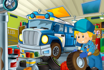 cartoon scene with policeman in some garage - working repearing police car or clearing work place - illustration for children