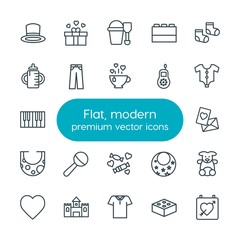 Modern Simple Set of clothes, valentine, kids and toys Vector outline Icons. Contains such Icons as  bib, gift,  kid,  foot,  holiday,  fun and more on white background. Fully Editable. Pixel Perfect