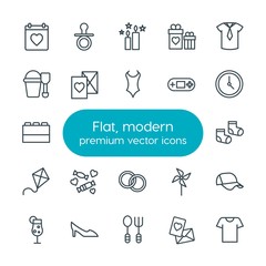 Modern Simple Set of clothes, valentine, kids and toys Vector outline Icons. Contains such Icons as  mill,  drink,  kitchen,  fire,  foot and more on white background. Fully Editable. Pixel Perfect