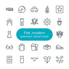 Modern Simple Set of clothes, valentine, kids and toys Vector outline Icons. Contains such Icons as  dress,  bunch,  childhood,  shoes,  car and more on white background. Fully Editable. Pixel Perfect