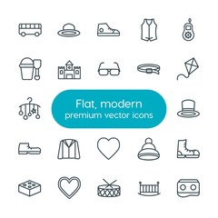 Modern Simple Set of clothes, valentine, kids and toys Vector outline Icons. Contains such Icons as bus,  cold,  leather,  musical, vest and more on white background. Fully Editable. Pixel Perfect