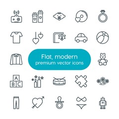 Modern Simple Set of clothes, valentine, kids and toys Vector outline Icons. Contains such Icons as summer,  technology,  happy, baby,  baby and more on white background. Fully Editable. Pixel Perfect