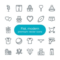 Modern Simple Set of clothes, valentine, kids and toys Vector outline Icons. Contains such Icons as candy,  panties,  alphabet,  beverage,  and more on white background. Fully Editable. Pixel Perfect