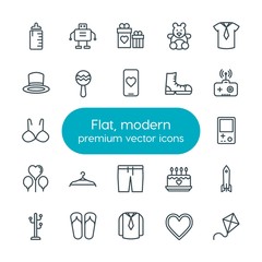 Modern Simple Set of clothes, valentine, kids and toys Vector outline Icons. Contains such Icons as  spaceship,  comfortable,  cake,  care and more on white background. Fully Editable. Pixel Perfect