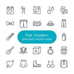 Modern Simple Set of clothes, valentine, kids and toys Vector outline Icons. Contains such Icons as  shirt,  footwear,  bikini,  bottle, bra and more on white background. Fully Editable. Pixel Perfect