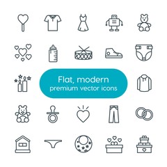 Modern Simple Set of clothes, valentine, kids and toys Vector outline Icons. Contains such Icons as  denim,  day,  female,  young, droid and more on white background. Fully Editable. Pixel Perfect