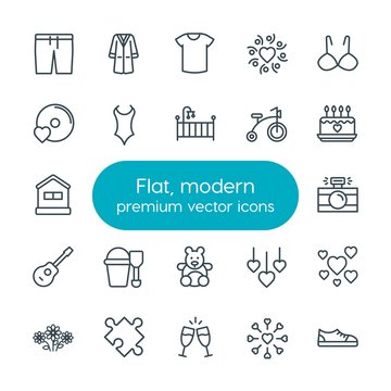Modern Simple Set of clothes, valentine, kids and toys Vector outline Icons. Contains such Icons as  champaign,  puzzle,  floral, coat, play and more on white background. Fully Editable. Pixel Perfect