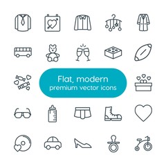 Modern Simple Set of clothes, valentine, kids and toys Vector outline Icons. Contains such Icons as wedding,  newborn, toy,  footwear,  high and more on white background. Fully Editable. Pixel Perfect
