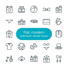 Modern Simple Set of clothes, valentine, kids and toys Vector outline Icons. Contains such Icons as  cake, fashion,  vacation,  kid, hat and more on white background. Fully Editable. Pixel Perfect