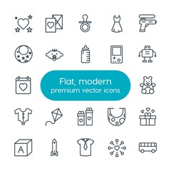 Modern Simple Set of clothes, valentine, kids and toys Vector outline Icons. Contains such Icons as romantic,  shirt,  baby,  template,  day and more on white background. Fully Editable. Pixel Perfect