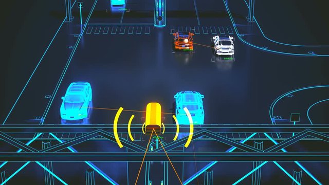 autonome transportation system concept, smart city, Internet of things, vehicle to vehicle, vehicle to infrastructure, vehicle to pedestrian, abstract image visual 4k 3d animation