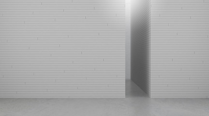 3D stimulate of white room interior space with white tile pattern wall and concrete floor,Perspective of minimal design architecture	