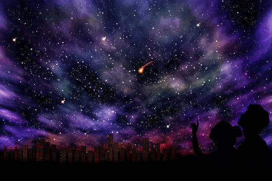 Romantic couple looking at a colored starry sky in the background of a night city