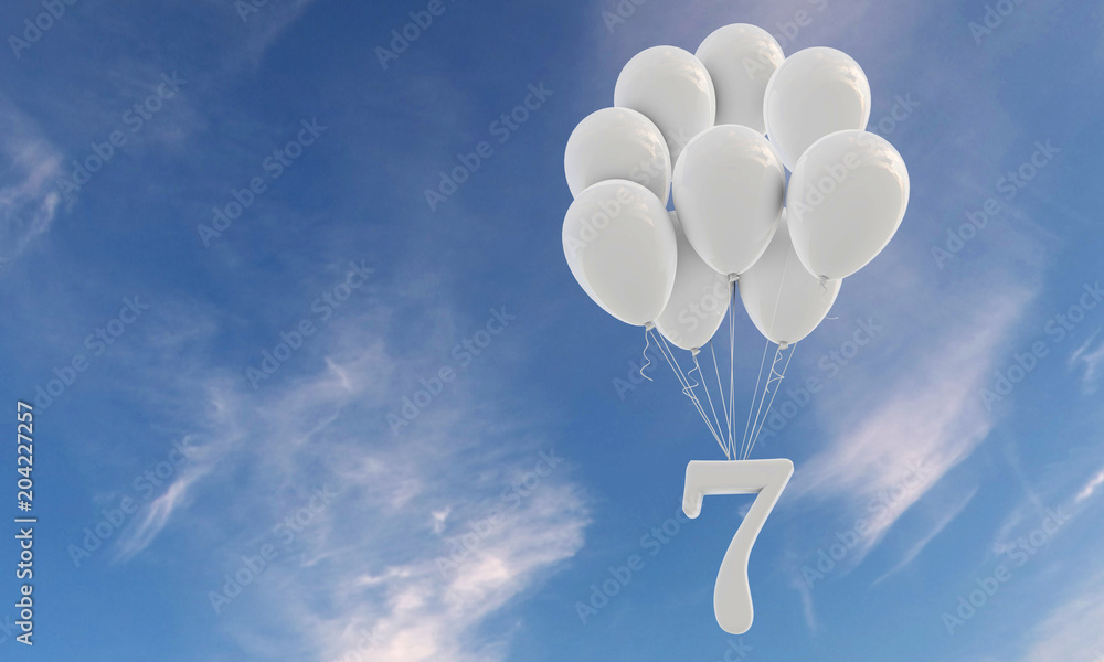 Wall mural number 7 party celebration. number attached to a bunch of white balloons against blue sky